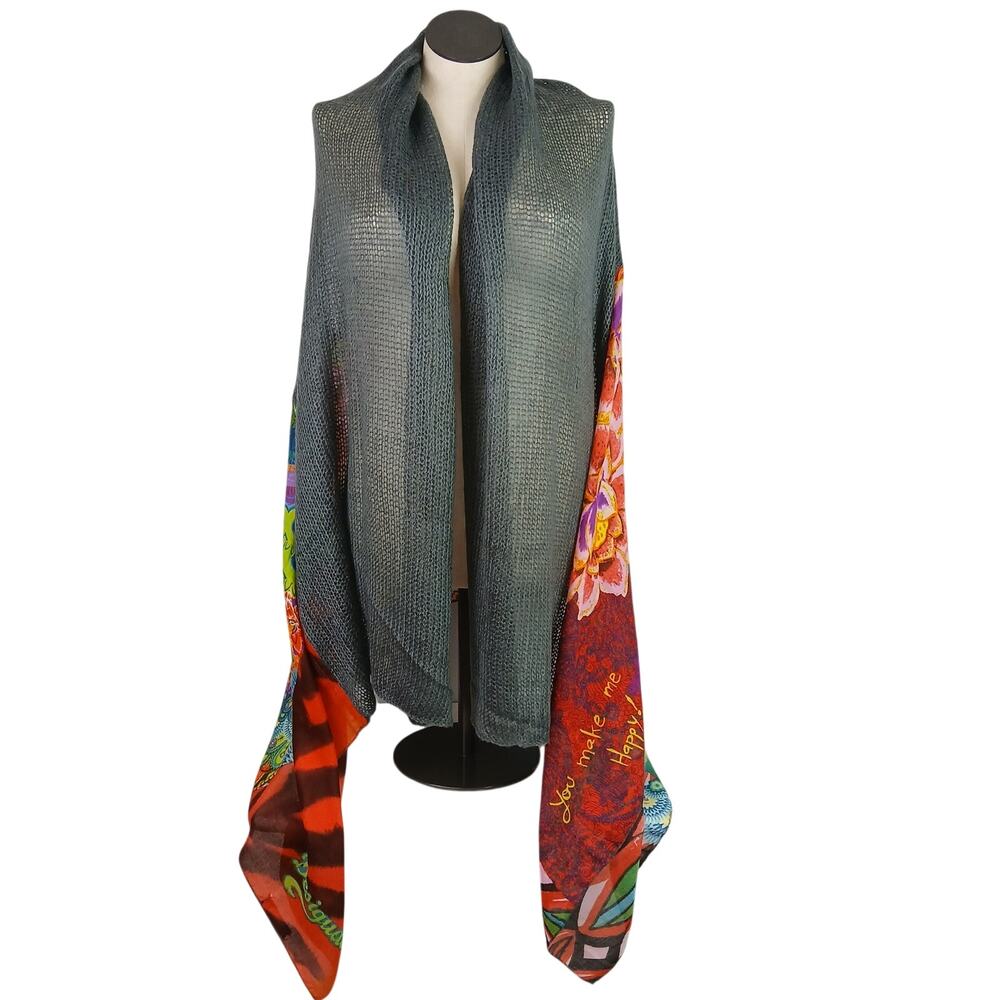 Desigual “You Make Me Happy” Multicolor Mixed Media Knit Scarf Wrap - Picture 2 of 6